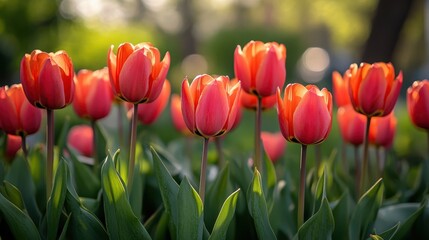 Fototapeta premium Beautiful spring flowers in full bloom in a sunny garden, vibrant colors, soft lighting