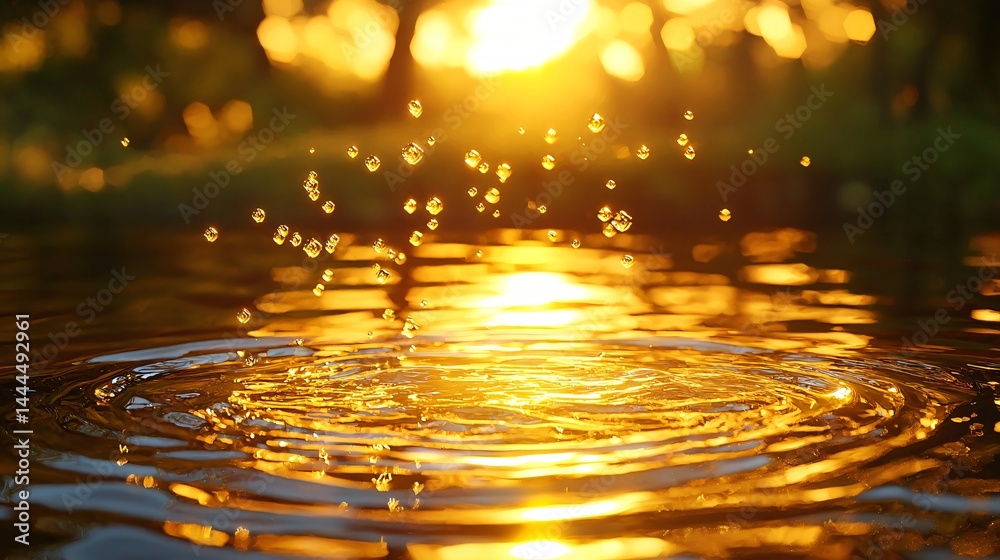 Poster captivating close-up of a water drop with golden reflections creating a stunning visual effect in a 
