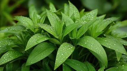 Fresh green grass covered with dew drops, a peaceful spring morning