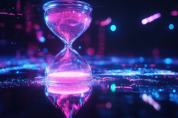Futuristic digital hourglass with glowing neon particles flowing in a vivid display, Futuristic Digital Hourglass with Flowing Neon Particles