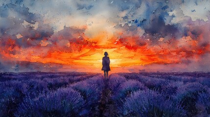 Woman standing in a lavender field at sunset. Watercolor style