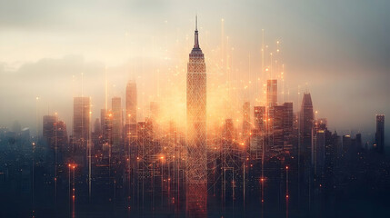 Obraz premium Cityscape with towering buildings illuminated by glowing lines and a warm golden light