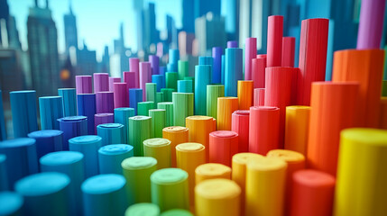 Obraz premium Rainbow cylinders of varying heights stand against a city skyline creating a textured colorful landscape