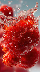 Juicy Raspberry Splash: Capturing the dynamic moment of a raspberry as it hits the water. The red berries burst with refreshing flavor.  The photo is full of the freshness and vibrancy of nature.