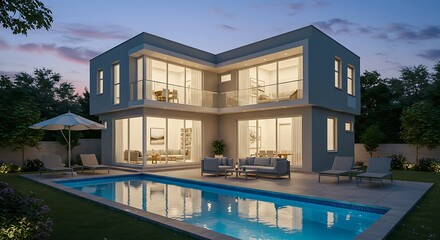 Fototapeta premium Soft interior lights glow from a contemporary corner lot home with a sleek pool reflecting the twilight sky. Outdoor lounge furniture invites relaxation.