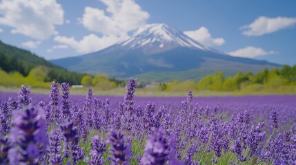 A field of blooming lavender flowers in the spring, with a scenic mountain backdrop
