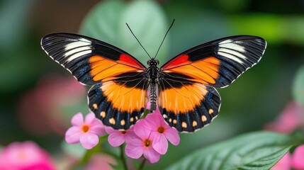 Fototapeta premium A close-up of a colorful butterfly on a spring flower, with soft bokeh background