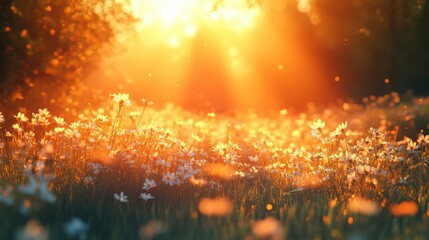 Fototapeta premium A vibrant spring evening with soft golden sunlight casting long shadows across a field of wildflowers