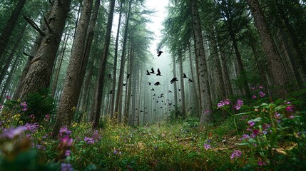 Obraz premium Misty forest path with birds and wildflowers.