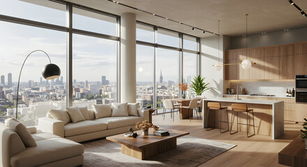 Naklejka premium Luxury Apartment Interior With City View And Modern Design Elements