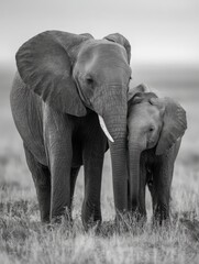 Fototapeta premium Black and white image of African elephant mother and calf walking in the wild. Monochrome wildlife photography capturing emotion, elegance, and timeless natural beauty.