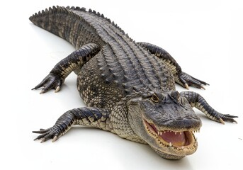 Naklejka premium A full body shot of an alligator with its mouth open on a white seamless background looking at the camera