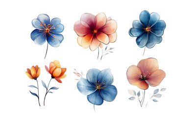 Watercolor illustration set of various spring flowers and leaves. Hand-painted botanical elements in soft pastel tones, perfect for wedding invitations, greeting cards, packaging, textile patterns
