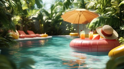 A refreshing summer poolside with colorful pool floats, a sun hat, and drinks with umbrellas, surrounded by lush greenery