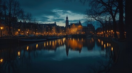 Reflective canal scene at twilight in an old European city.