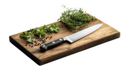 Knife with Herbs on Board, cut out transparent