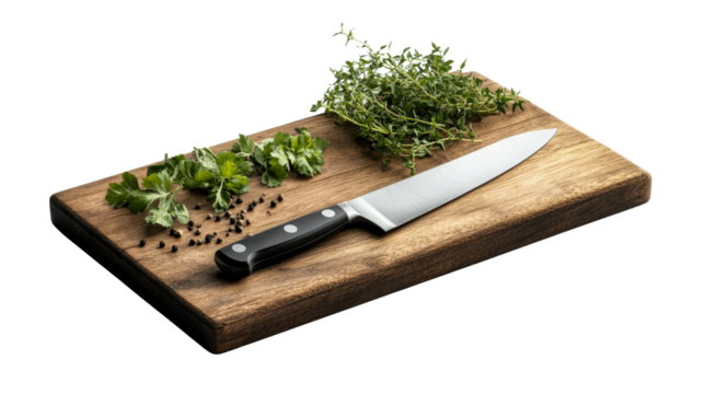 Knife with Herbs on Board, cut out transparent