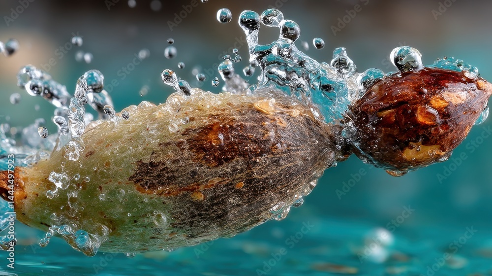 Poster Macro shot of a seed being splashed by water with vibrant colors and detail