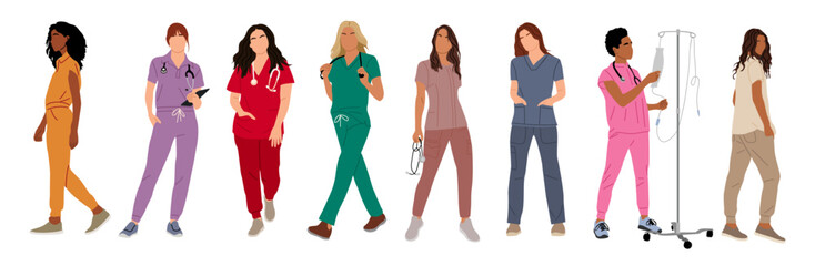 Obraz premium Set of nurses, female doctors. Different women medic workers in uniform with stethoscopes. Flat cartoon vector illustration isolated on transparent background.