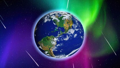 Obraz premium Stunning Earth view from space showcasing vibrant Aurora Borealis and shooting stars A breathtaking cosmic scene