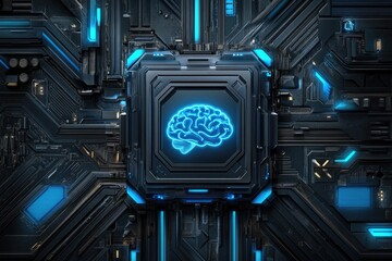 Futuristic circuit board with glowing brain icon  Complex network of electronic components