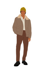 Young man wearing modern autumn, winter warm clothes, street style outfit standing. Cartoon male character isolated on transparent background.