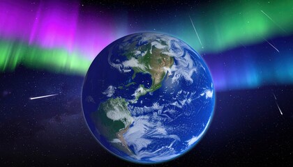 Fototapeta premium Stunning Earth Planet with Vibrant Aurora Borealis and Shooting Stars Display