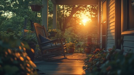A relaxing summer evening on the porch, with a cool breeze, soft music playing, and the sound of crickets chirping in the background