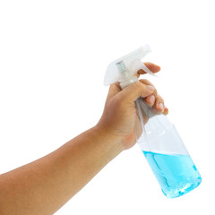 Hand holding alcohol spray bottle for cleaning and sanitizing surfaces in various locations
