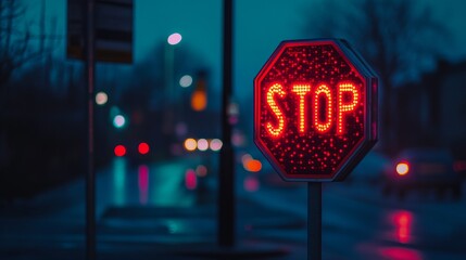 A glowing stop sign illuminates the urban landscape at night. The vibrant red color captures attention. Darkness deepens the atmosphere. Generative AI