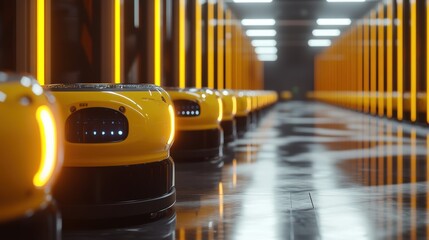 A robotic warehouse where autonomous robots transport goods, sort inventory, and interact with AI-driven systems to ensure optimal supply chain efficiency