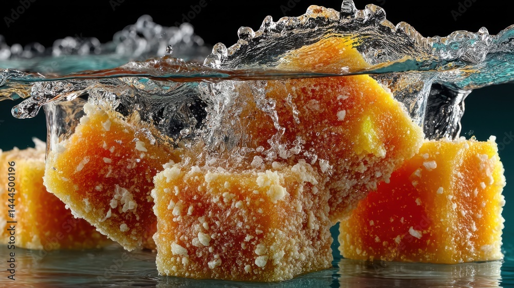 Aufkleber orange cubes submerged in water create a splash with a dark teal background.