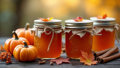 Autumn harvest: jars of pumpkin spice jam with fall decorations