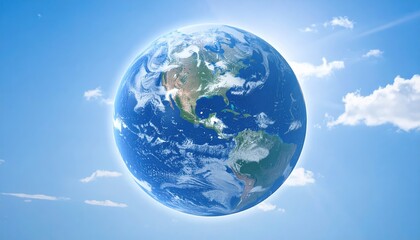 Fototapeta premium Stunning Earth Globe Image A Vibrant View of Planet Earth Against a Clear Blue Sky with Fluffy White Clouds