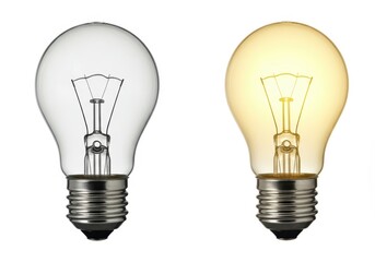 Two light bulbs one clear and one illuminated with a yellow glow on a white background studio shot