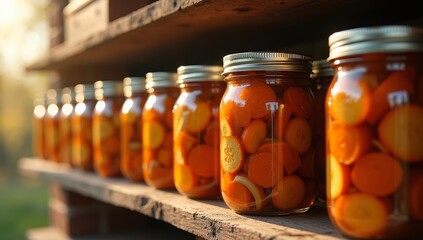 Preserved garden harvest display on rustic wooden shelf in sunlight