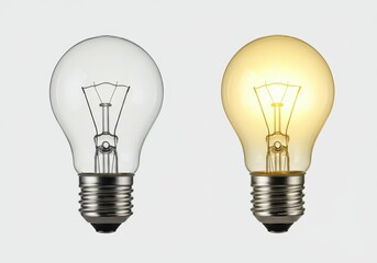 Two light bulbs one is clear and off and the other is yellow and on against a white background
