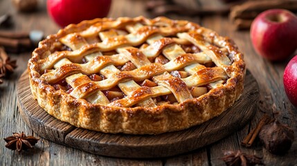 Classic apple pie on wooden board