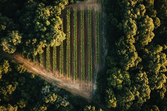 Vineyard aerial view revealing lush grape rows surrounded by dense forest in Australia, Australia wine making industry Vineyard aerial view