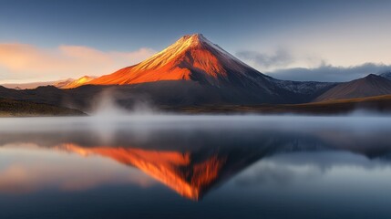 Majestic Volcanic Landscape at Sunrise: Breathtaking Mountain Reflection in a Misty Lake