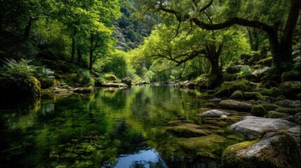 Obraz premium Serene river reflecting lush, green forest