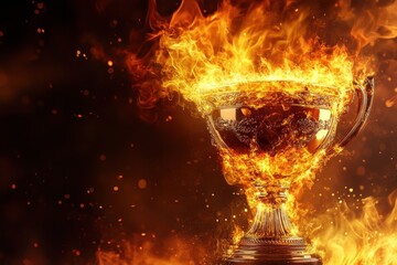Golden trophy engulfed in flames showcasing passionate victory and achievement at a competition, Golden trophy engulfed in flames symbolizing fiery victory