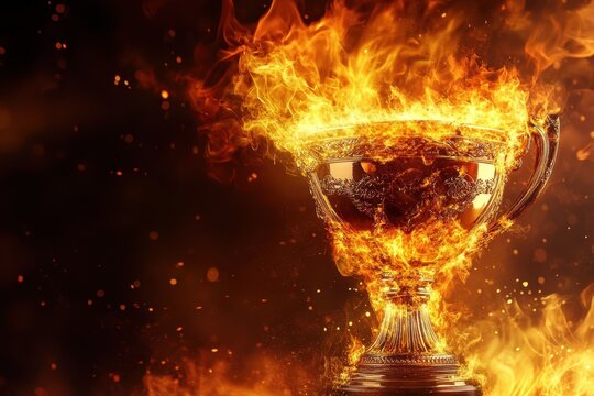 Golden trophy engulfed in flames showcasing passionate victory and achievement at a competition, Golden trophy engulfed in flames symbolizing fiery victory