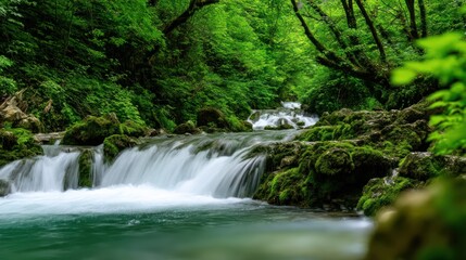 Naklejka premium Spokojny strumień kaskadowo spływający przez bujny zielony las