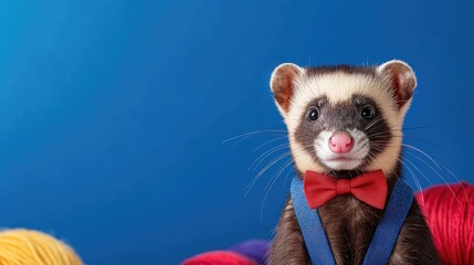 Cute ferret in a bow tie, surrounded by yarn