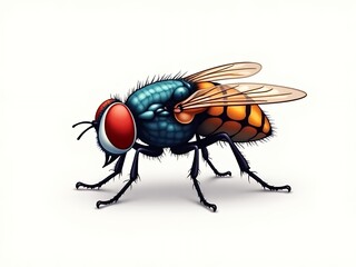 an image of a fly with a red eye and a black body, there is a fly that is sitting on the ground