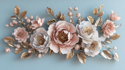 Beautiful floral arrangement with pink and white paper flowers against a light blue background