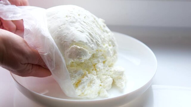 Making cottage cheese, homemade fermenting dairy product. Homemade cottage cheese in cheesecloth bags on kitchen table, woman hands drain cheese at home top view copy space. High quality 4k footage