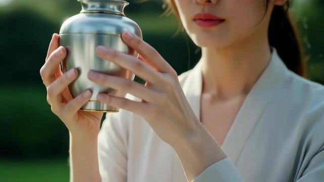 Woman holding silver urn with deep reflection in natural setting  