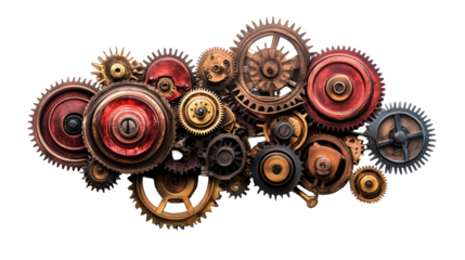 Interlocking mechanical cogs, gears collection, cut out transparent